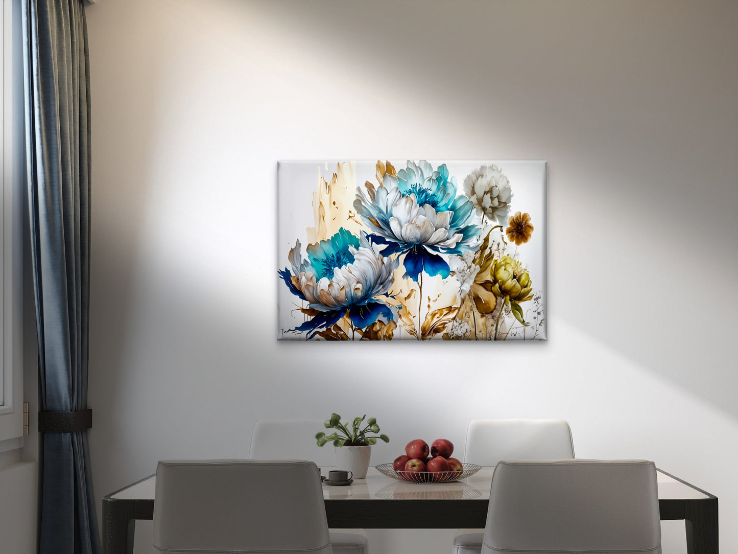 Botanical Flowers Gold Blue Design Wall Art Decor 100% Australian Made