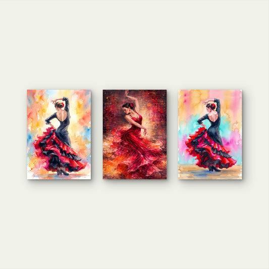 3pcs Spanish Flamenco Dancers In Black And Red Dresses Wall Art Set Canvas Framed 50x70cm - High Quality Print 100% Australian Made Wall Canvas Ready to Hang