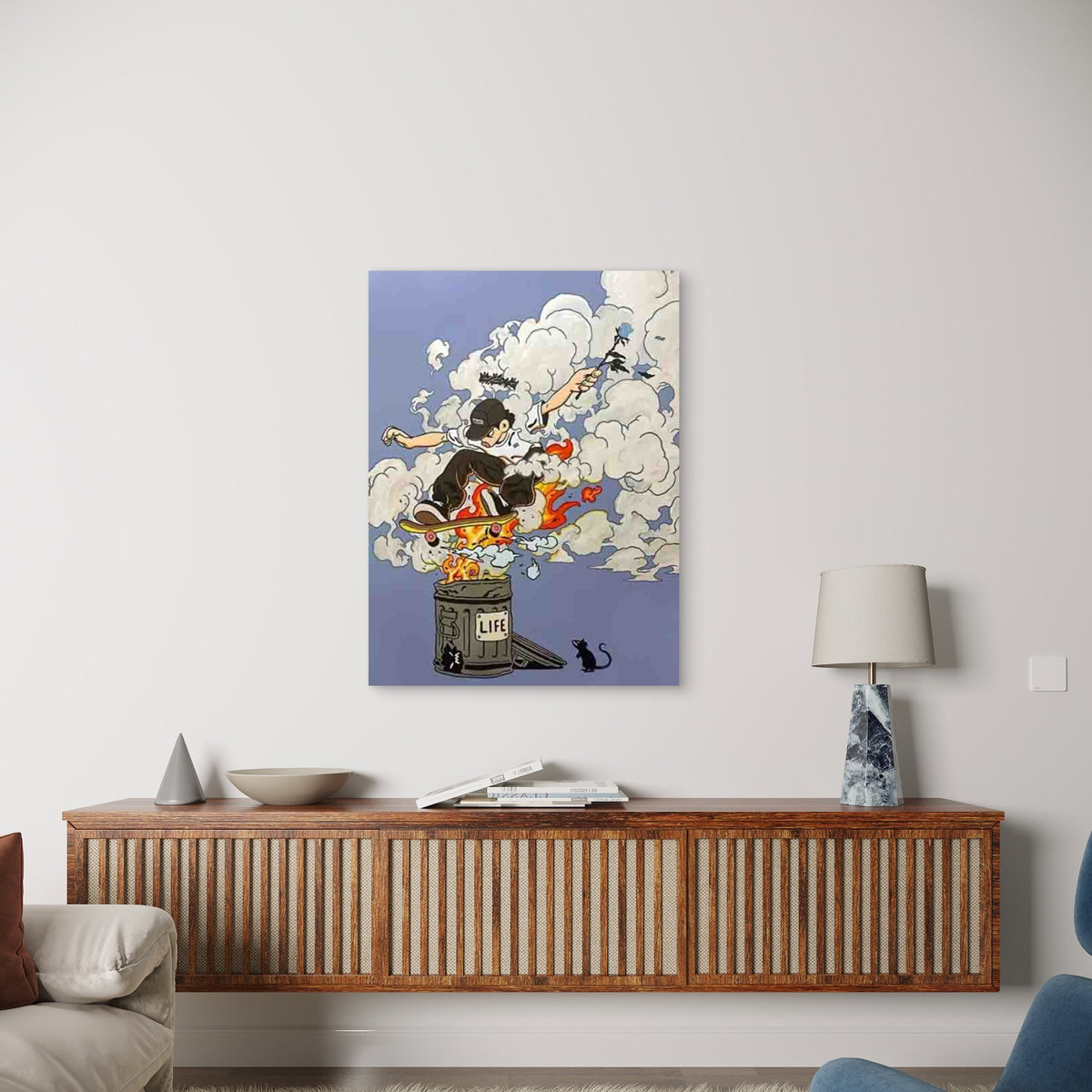 Surreal Skateboarding with Watery Elements Retro Metal Print Ready to Hang