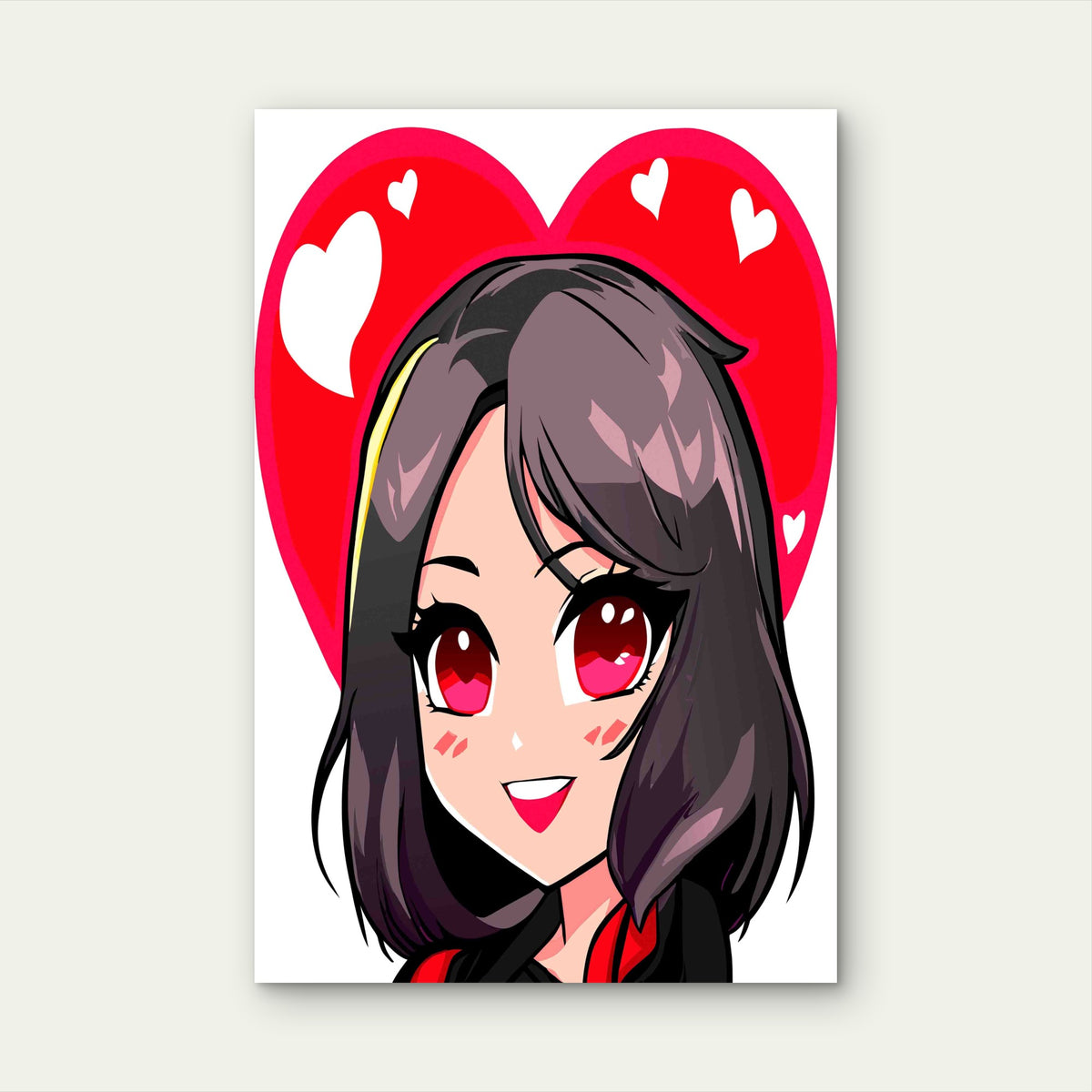 Cute Cartoon Girl With Heart Sticker in Kawaii Chibi Style 60x90cm Metal Print Ready to Hang