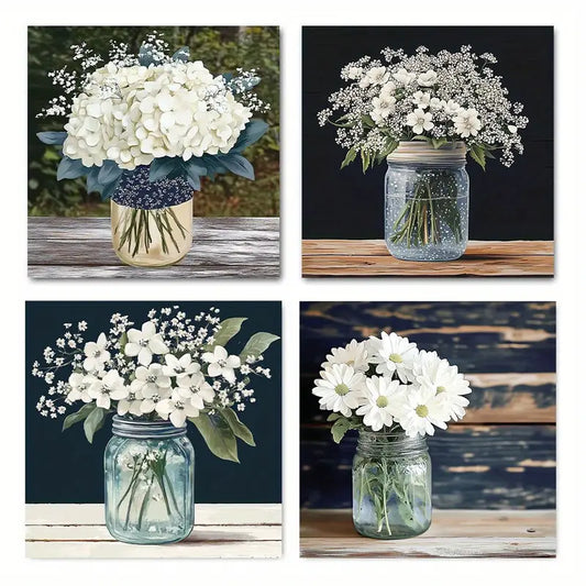 4pcs Elegant White Flower Mason Jar Wall Art Canvas Framed