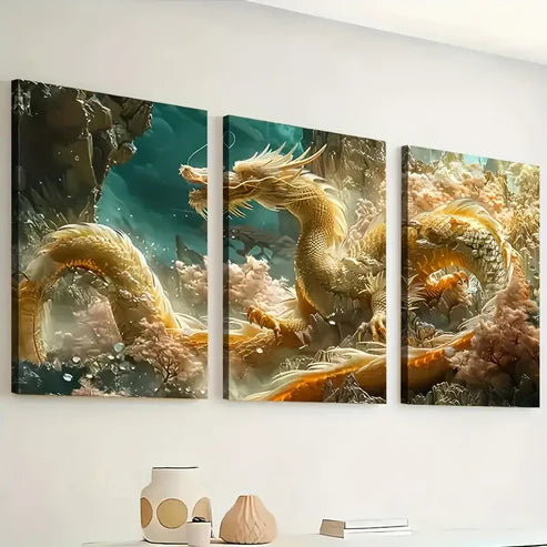 3pcs Golden Dragon Abstract Art Landscape Wall Art Set Canvas Unframed - High Quality Print 100% Australian Made Wall Canvas