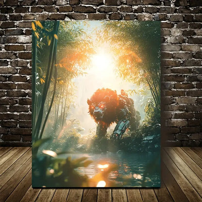 Cyberpunk Lion in Bamboo Grove Mystical Aura 40x60cm Metal Print Ready to Hang