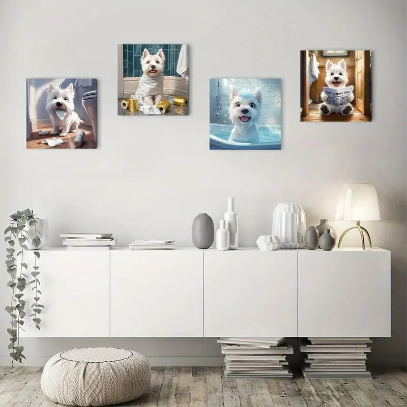 4pcs  Funny Dog   Playful Dog Scenes FD Wall Art Canvas Framed