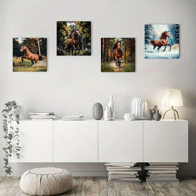 4pcs Run Horse In The Forest Wall Art Canvas Framed