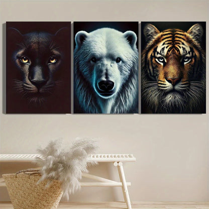3pcs Black Panther, Polar Bear & Tiger Wildlife Metal Print Ready to Hang Art