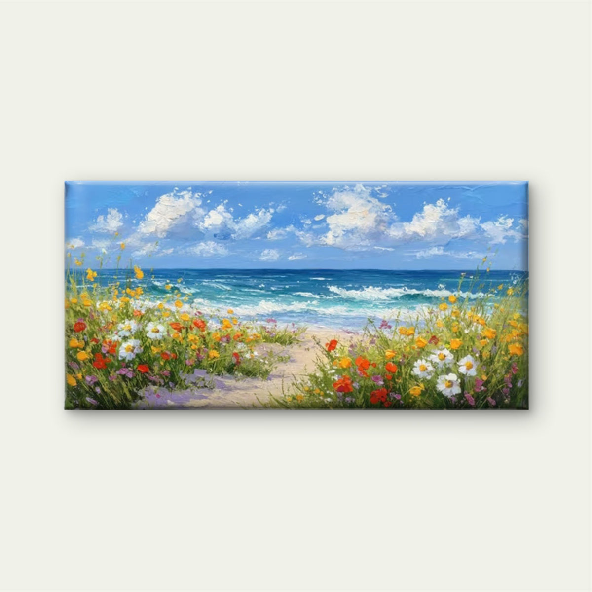 Sea & Floral Shoreline Wall Art Canvas Office Home Room Framed 120x60cm