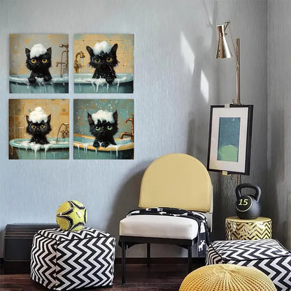4pcs  Bubble Foam Humorous Black Cat     Wall Art Canvas Framed