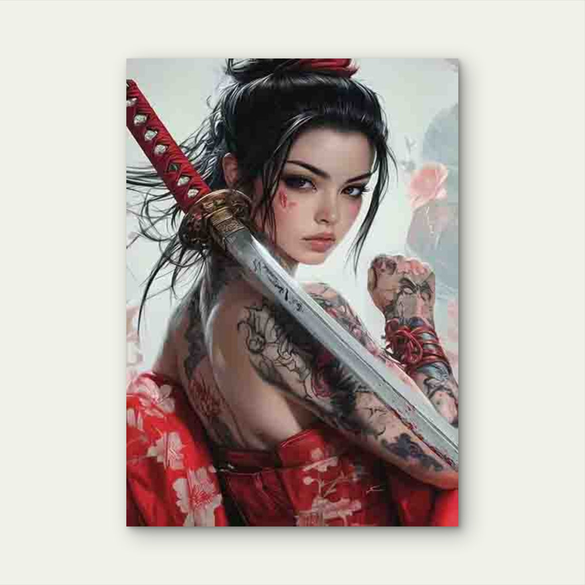 Woman in a Red Kimono, Holding a Sword 60x90cm Metal Print Ready to Hang