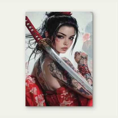 Woman in a Red Kimono, Holding a Sword 60x90cm Metal Print Ready to Hang