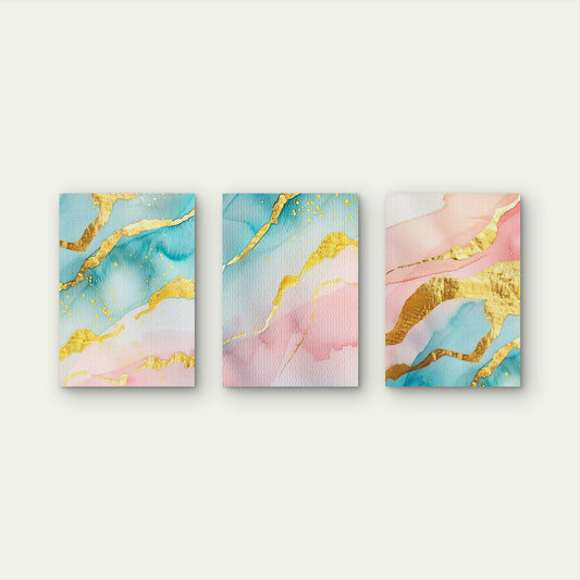 3pcs Pastel Pink Teal and Gold Foil Abstract Watercolor Wall Art Set Canvas Framed 60x90cm - High Quality Print 100% Australian Made Wall Canvas Ready to Hang