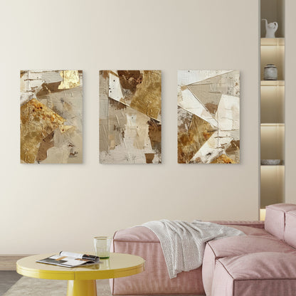 3pcs Beige Brown Gold Foil Geometric Wall Art Set Canvas Framed 50x70cm - High Quality Print 100% Australian Made Wall Canvas Ready to Hang