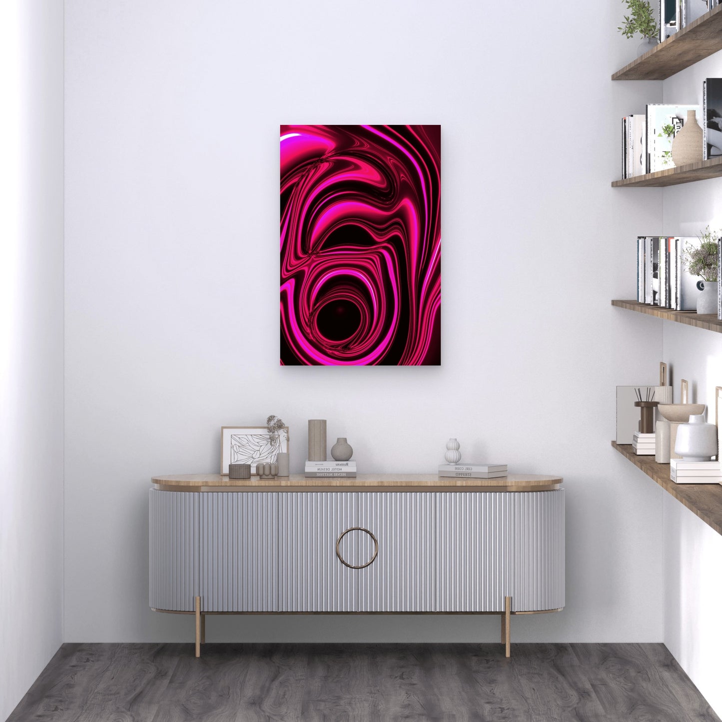 Abstract Pink and Magenta Swirls on Black Background 60x90cm Metal Print Ready to Hang