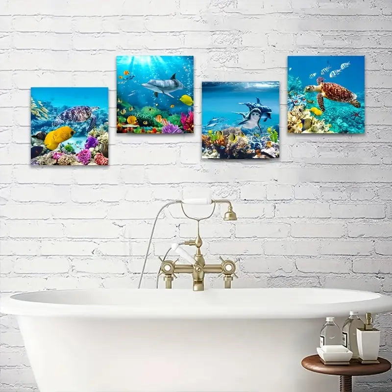 4pcsFeaturing Turtles, Dolphins, And a Blue Oce Wall Art Canvas Framed