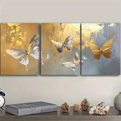 3pcs Golden & White Butterflies Metal Print Ready to Hang Art