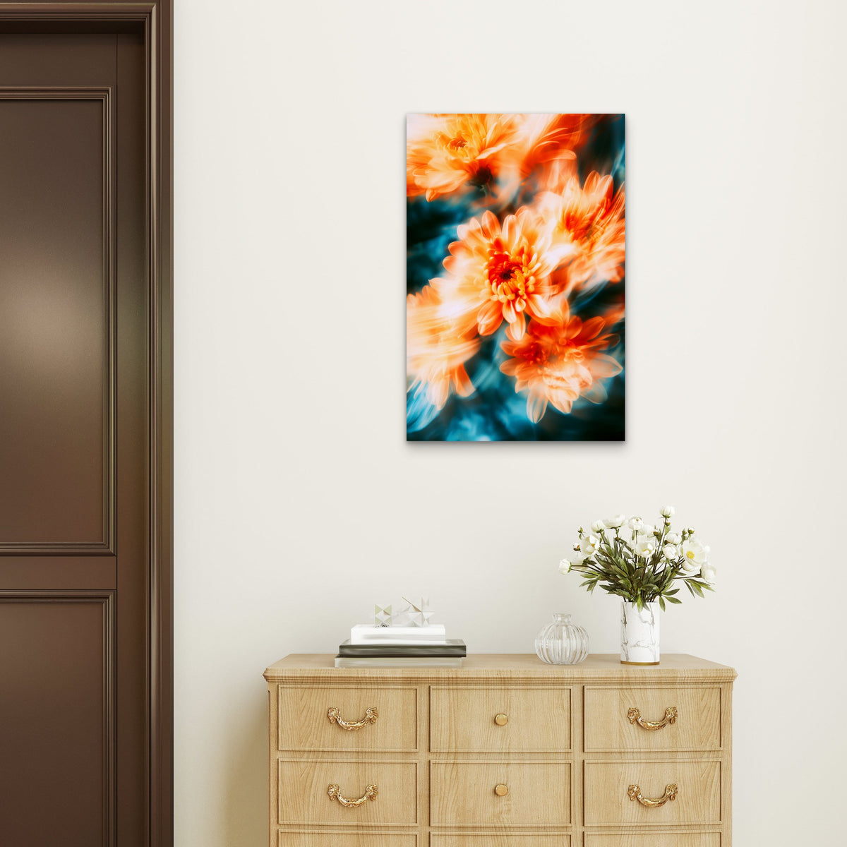 Motion-Blurred Orange Chrysanthemums 60x90cm Metal Print Ready to Hang