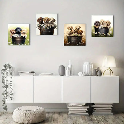 4pcs Adorable Puppies In Flower Pot Wall Art Canvas Framed