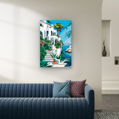 Mediterranean Village Landscape Digital Art Style 60x90cm Metal Print Ready to Hang