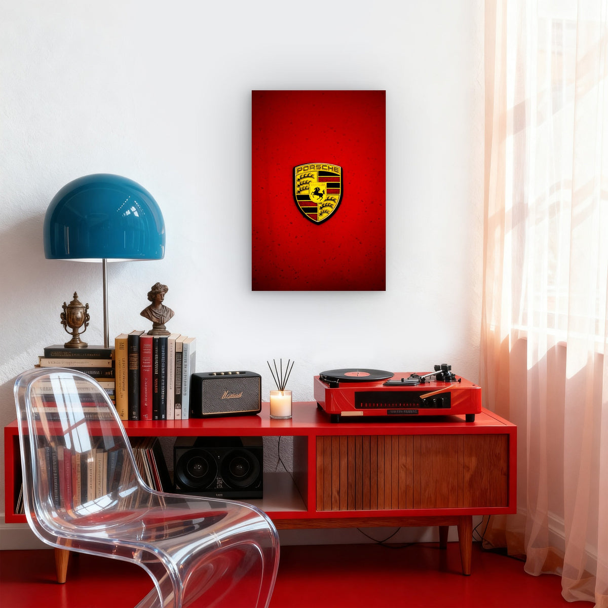 Porsche Emblem Mounted On A Vibrant Red Surface 60x90cm Metal Print Ready to Hang