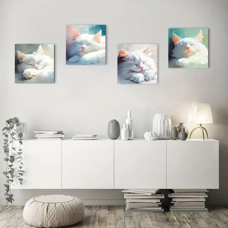 4pcs  Cute Sleeping White Cat Wall Art Canvas Framed