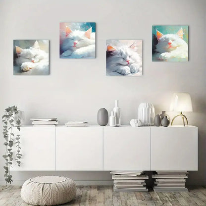 4pcs  Cute Sleeping White Cat Wall Art Canvas Framed