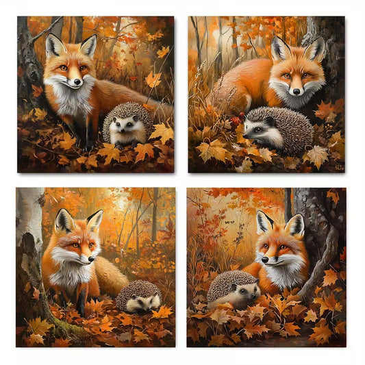 4pcs Cute Picture Of Fox Hedgeho  Wall Art Canvas Framed