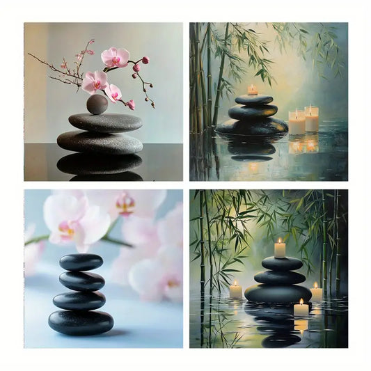 4pcs Stone Balance Pink Flowers Art Prints Wall Art Canvas Framed