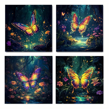 4pcs Vibrant Butterfly & Forest Canvas Prints Wall Art Canvas Framed