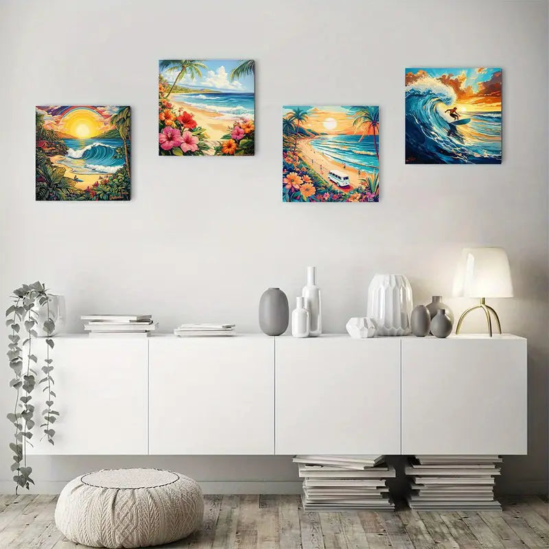 4pcs Surfing Beach Surfing Lifestyle Wall Art Canvas Framed
