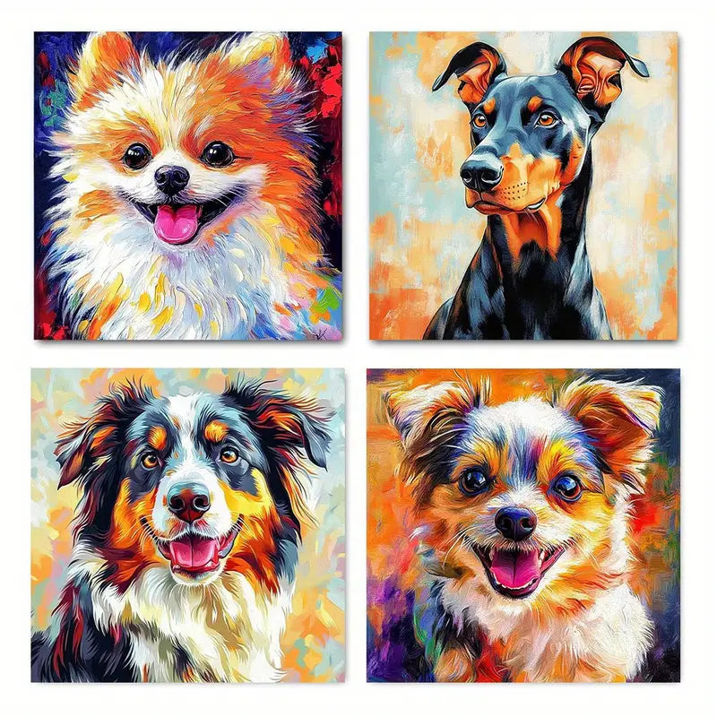 4pcs Vibrant Dog Diverse Breeds & Expressive  Wall Art Canvas Framed