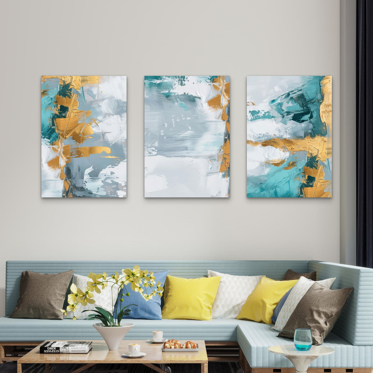 3pcs Teal Mint Turquoise Grey Gold Foil Abstract Metal Print Ready to Hang Art