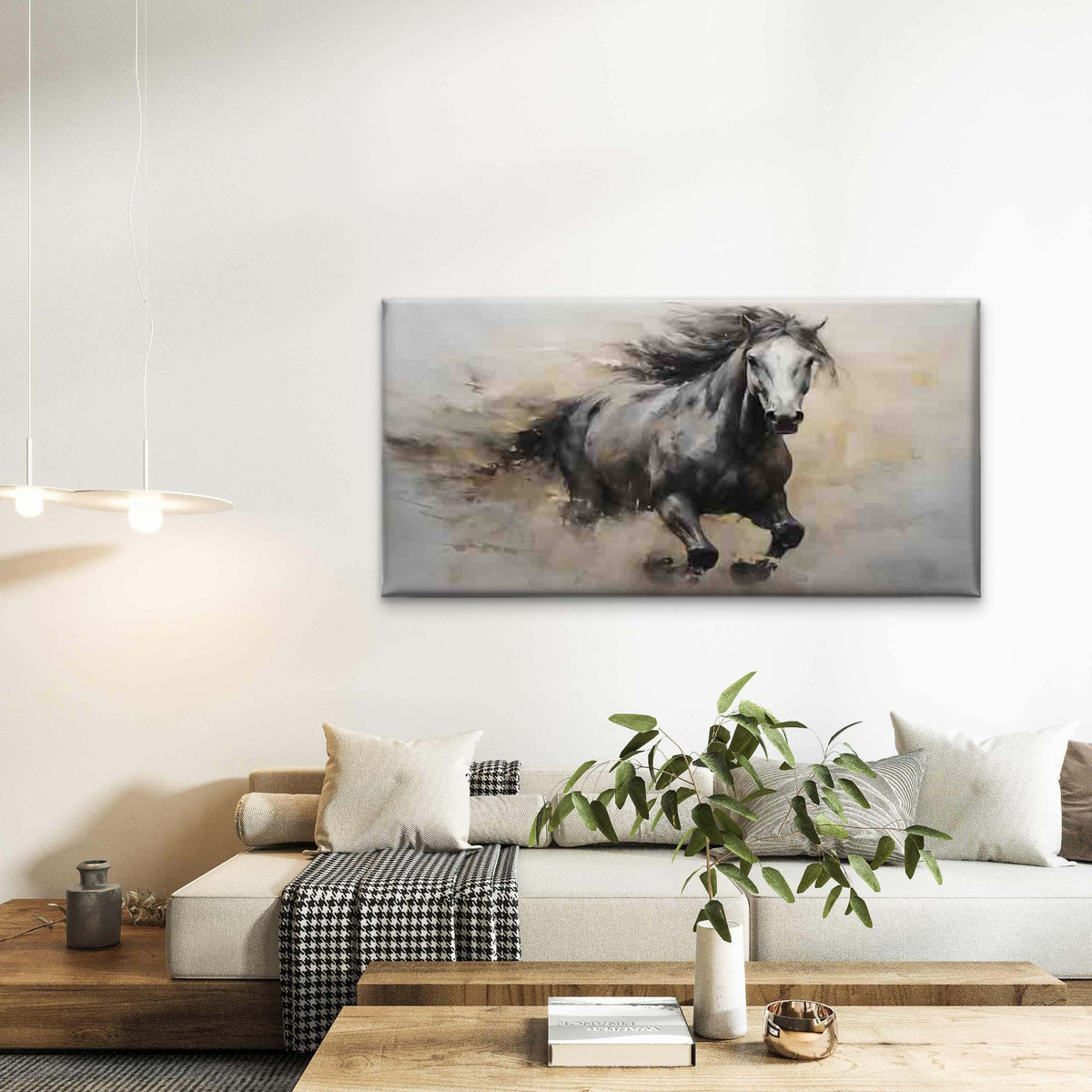 Running Black Horse Wall Art Canvas Office Home Room Framed 120x60cm