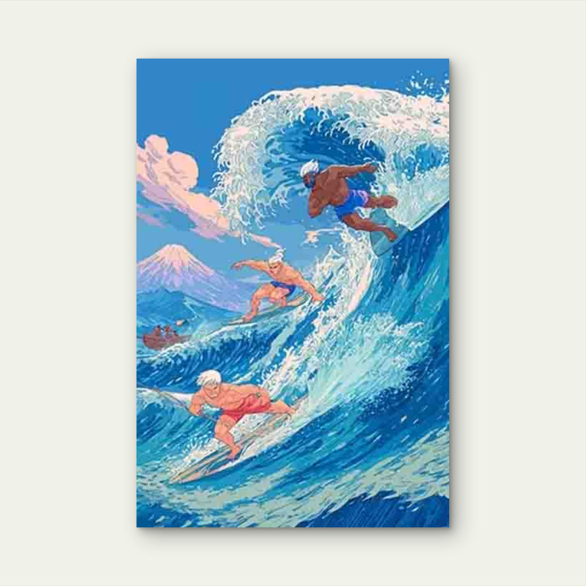 Surfing Wave Art Print with Surfers, Ocean Waves Metal Print Ready to Hang