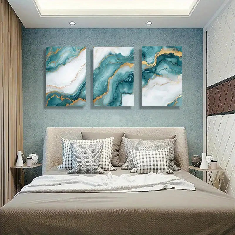 3pcs Teal and Golden Abstract Fluid Marble Effect Metal Print Ready to Hang Art