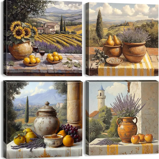 4pcs  Lavender Sunflower Fruit Wall Art Canvas Framed