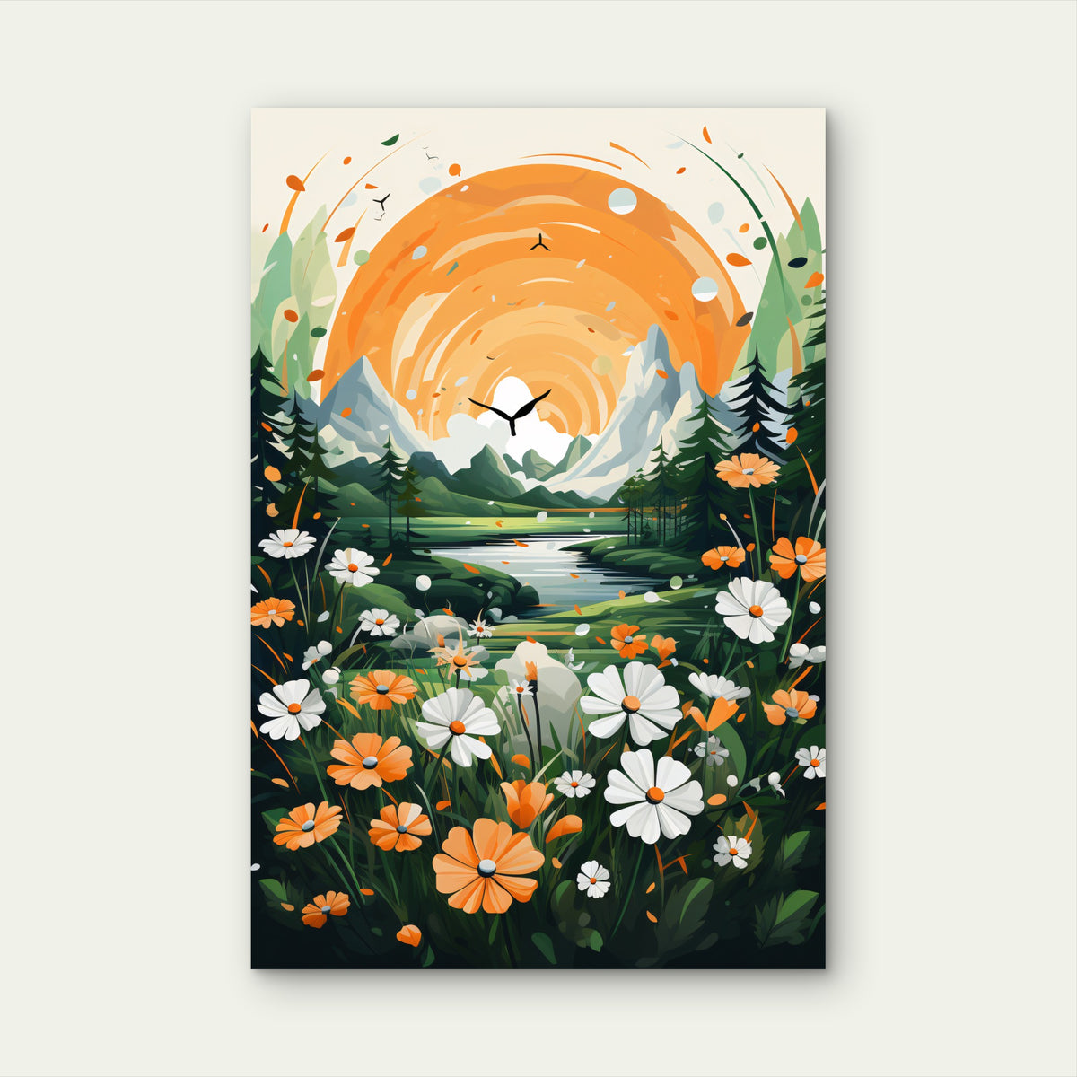 Vibrant Sun-Kissed Landscape Illustration 60x90cm Metal Print Ready to Hang