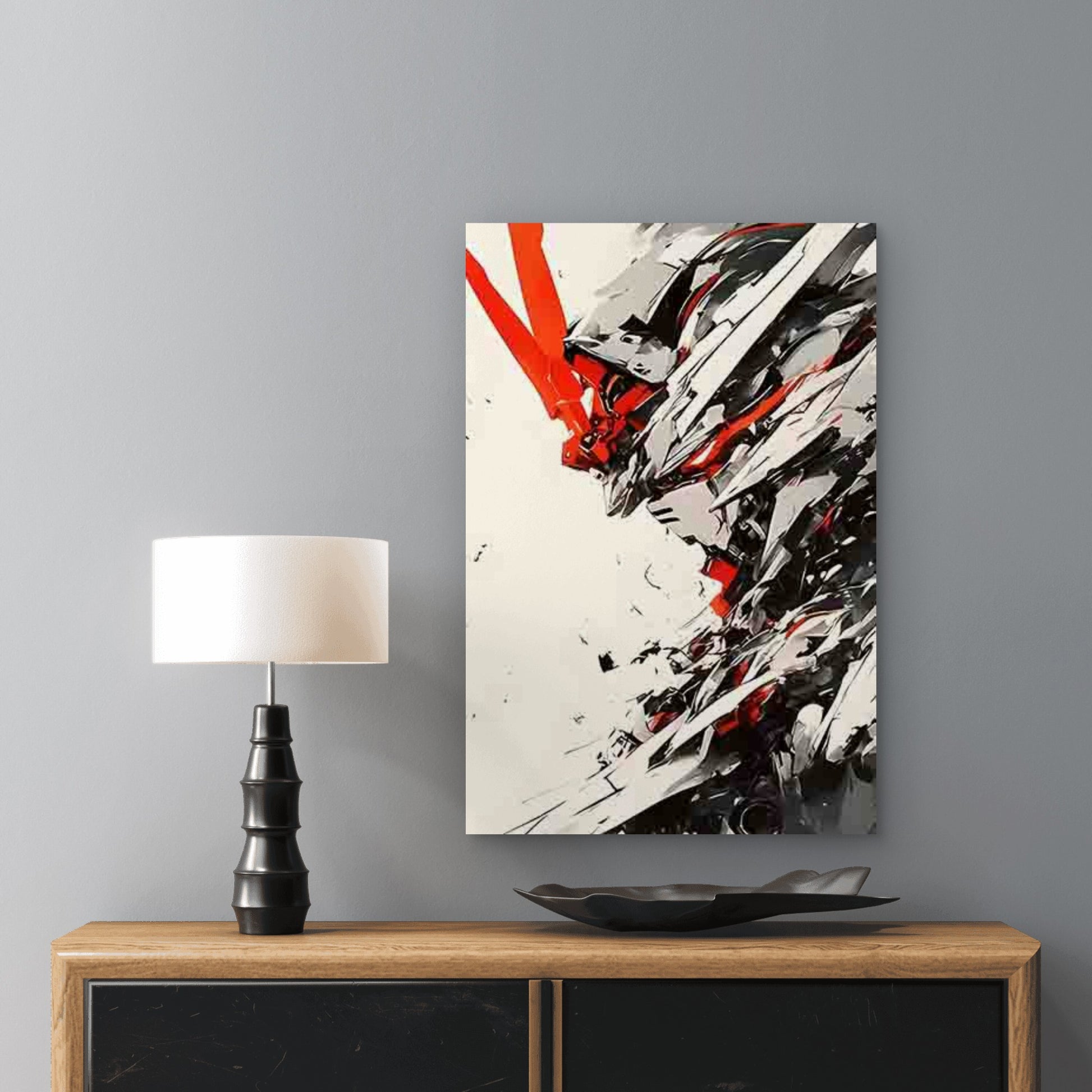 Cool Mech Head Design in Red, White, Black 60x90cm Metal Print Ready to Hang - Bella Home Decor
