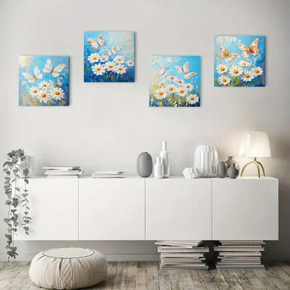 4pcs Daisy & Butterfly Floral Paintings Wall Art Canvas Framed