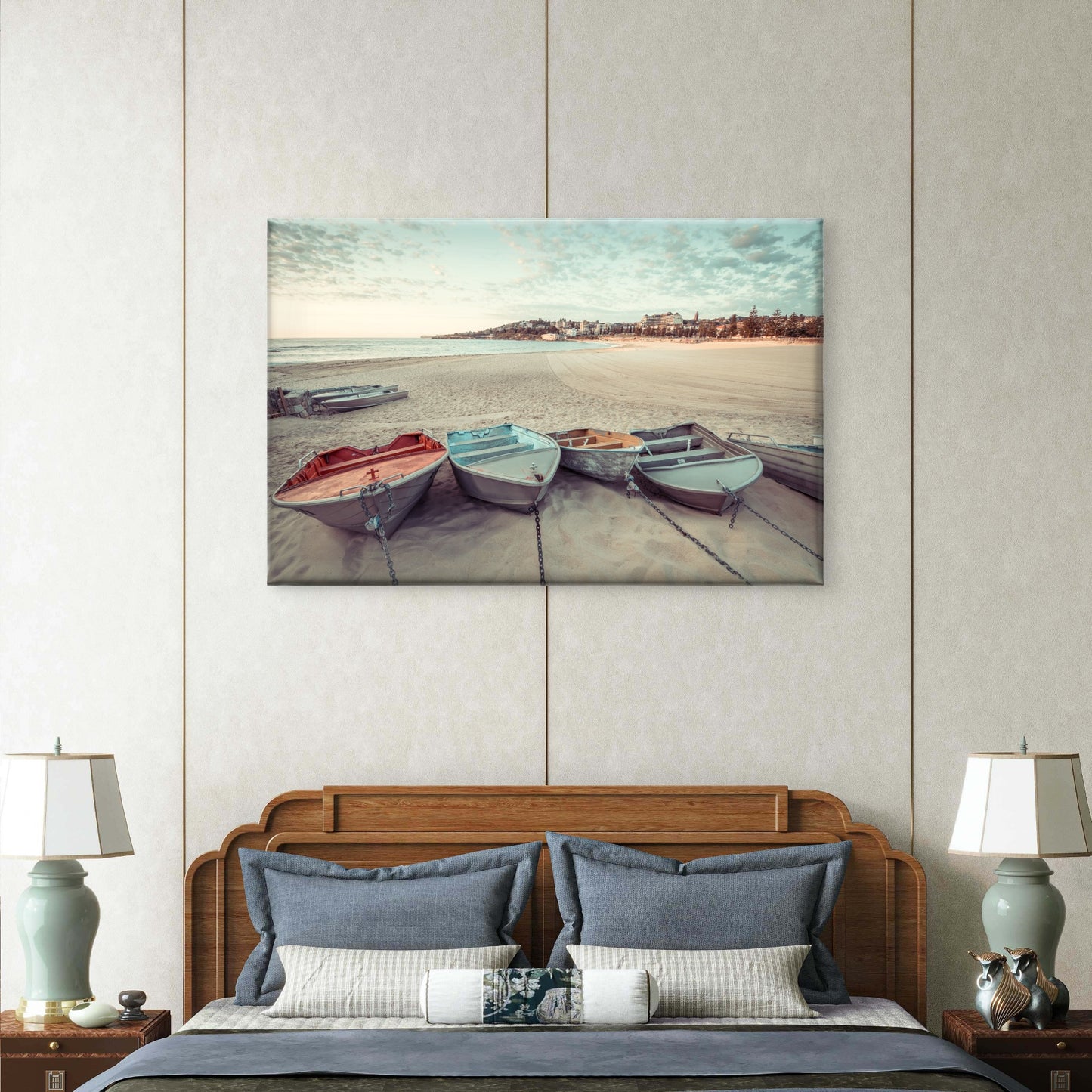 Aluminum boats resting in Coogee beach, Sydney, New South Wales (NSW), Australia Neutral Canvas Print Wall Art Decor 100% Australian Made