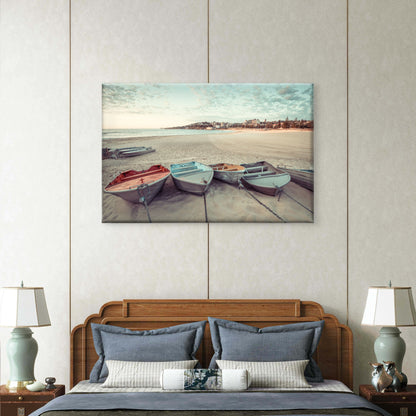 Aluminum boats resting in Coogee beach, Sydney, New South Wales (NSW), Australia Neutral Canvas Print Wall Art Decor 100% Australian Made