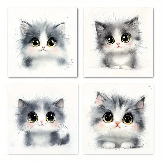 4pcs Adorable Gray & White Kitten Wall Art Canvas Framed