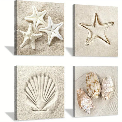 4pcsCoastal Seascape Conch Wall Art Canvas Framed