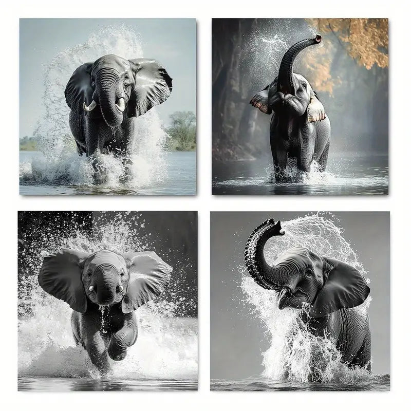 4pcs  Elephant Wall Art Canvas Framed