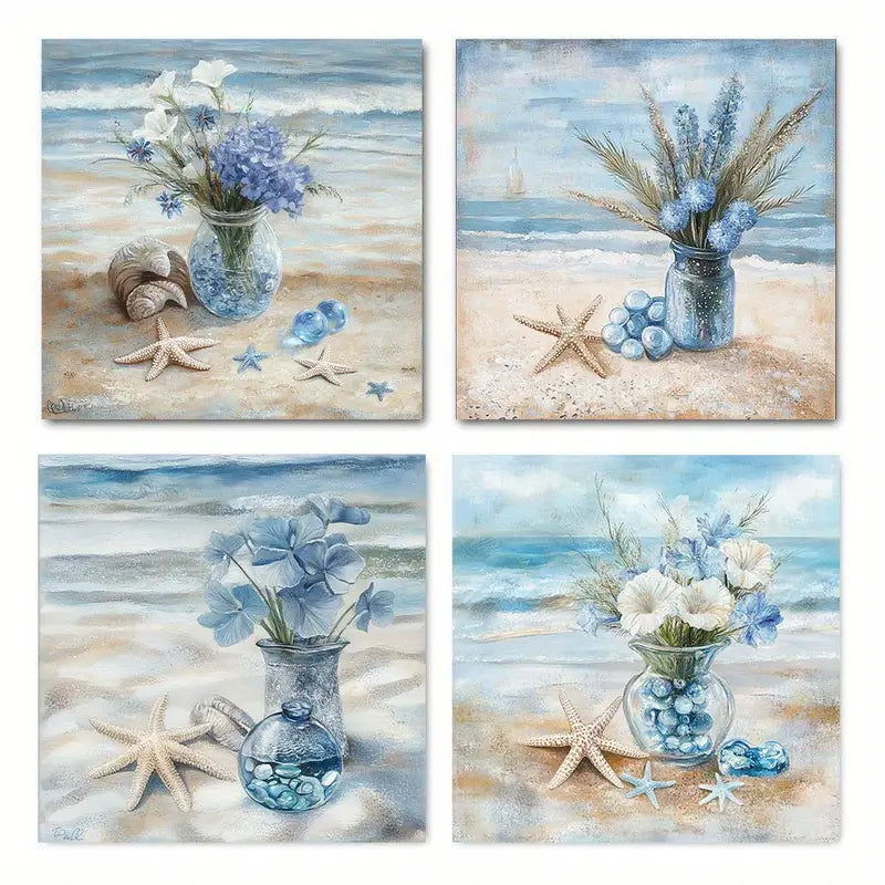 4pcs Beach Flowers In A Bottle Wall Art Canvas Framed