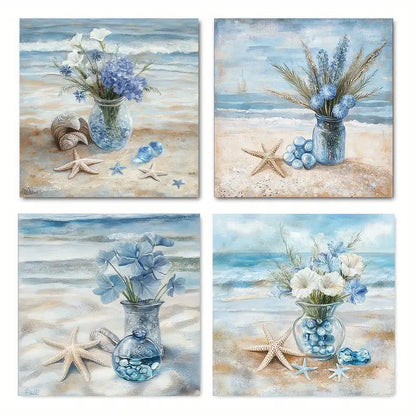 4pcs Beach Flowers In A Bottle Wall Art Canvas Framed