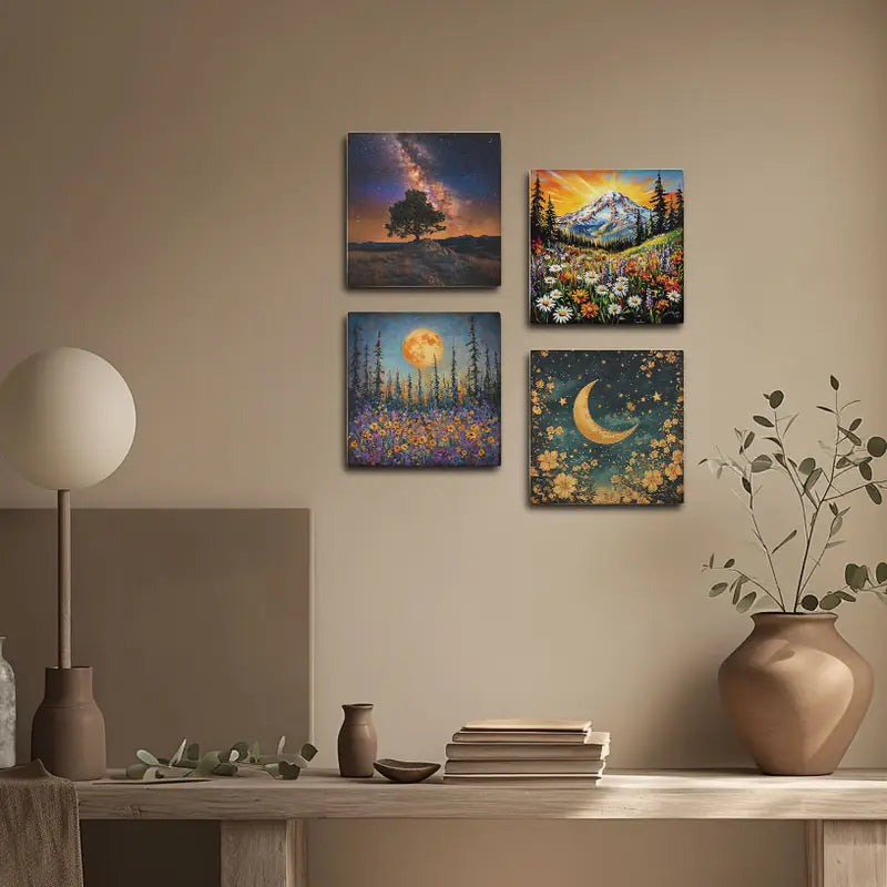 4pcs Sun And Moon View For Flower Garden Wall Art Canvas Framed