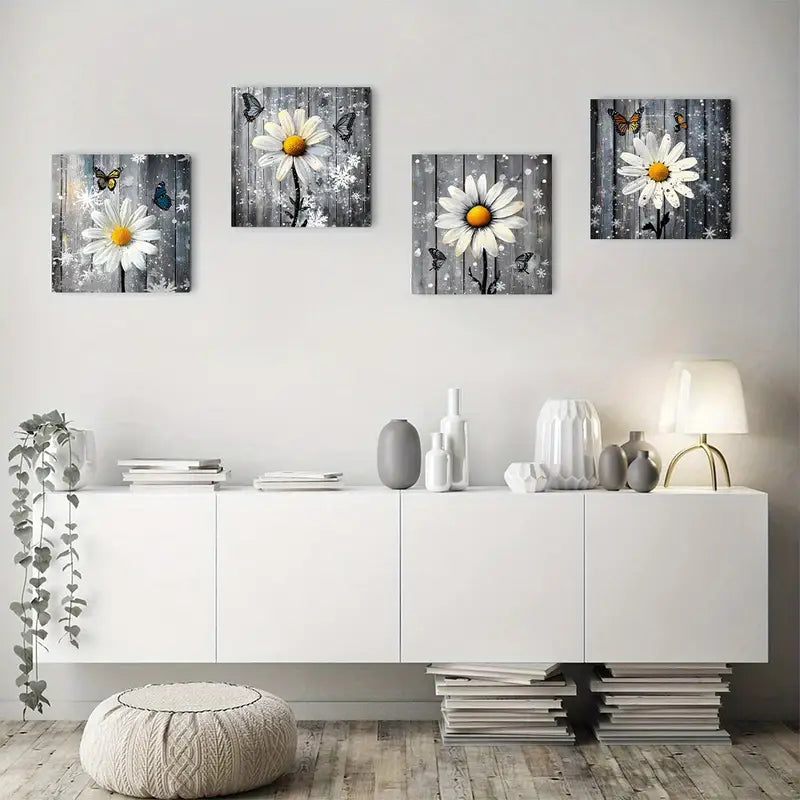 4pcs Daisy Flowers And Butterflies Wall Art Canvas Framed