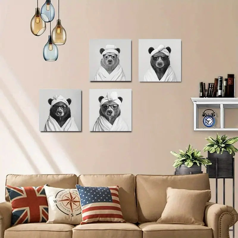 4pcs Abstract Funny Black And White Bear Picture Wall Art Canvas Framed