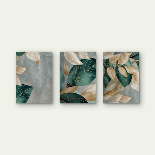 3pcs Abstract Emerald Green and Gold Leaves Wall Art Set Canvas Framed 60x90cm - High Quality Print 100% Australian Made Wall Canvas Ready to Hang