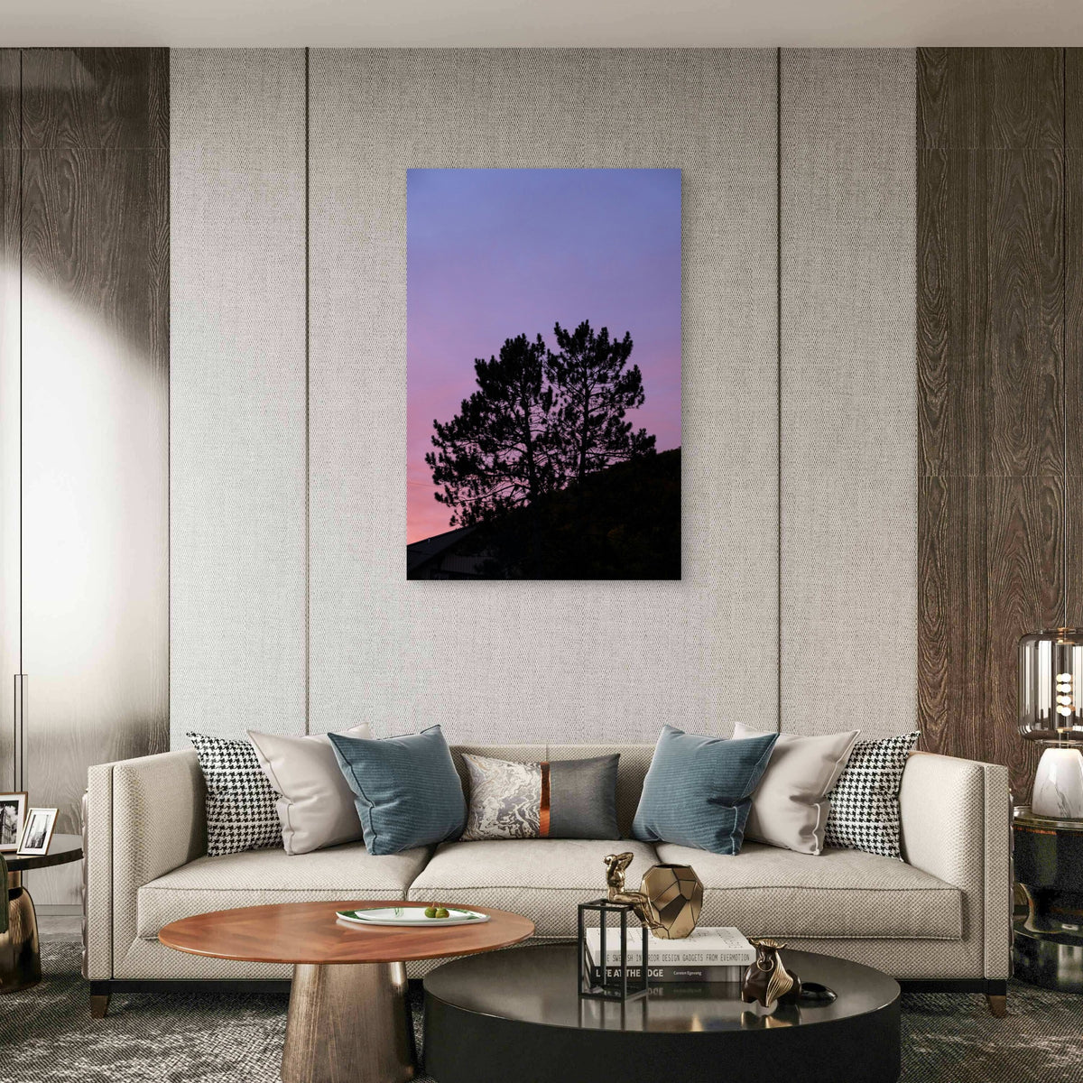 Pine Trees Silhouetted Against A Vibrant Sky 40x60cm Metal Print Ready to Hang